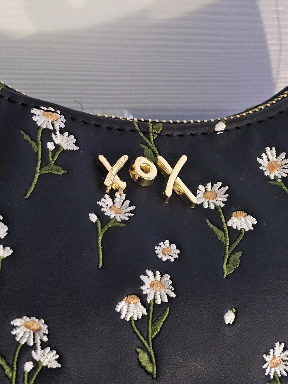 Betsey Johnson Black Daisy Crescent Shoulder Bag with Cream Charm